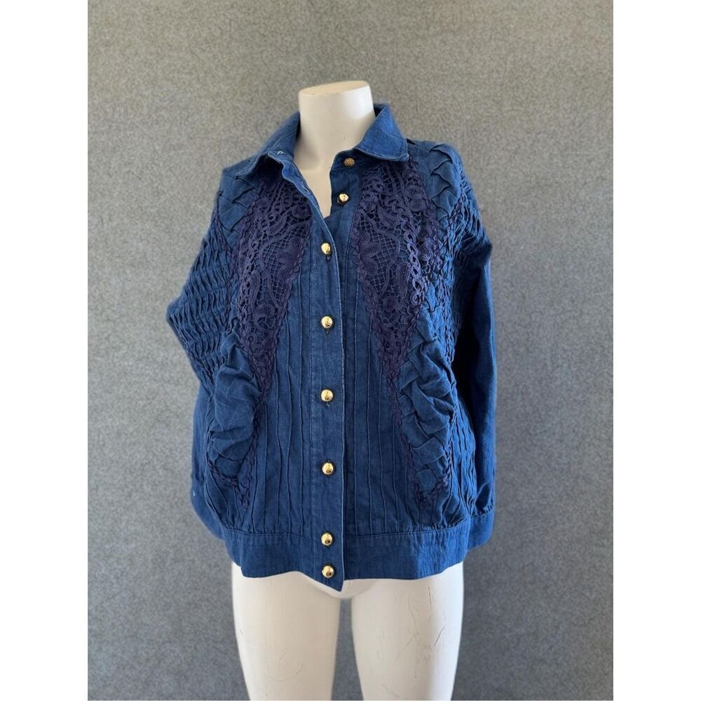 Three Flags braided L women's vintage '90s button up  denim coat shirt 100% cott